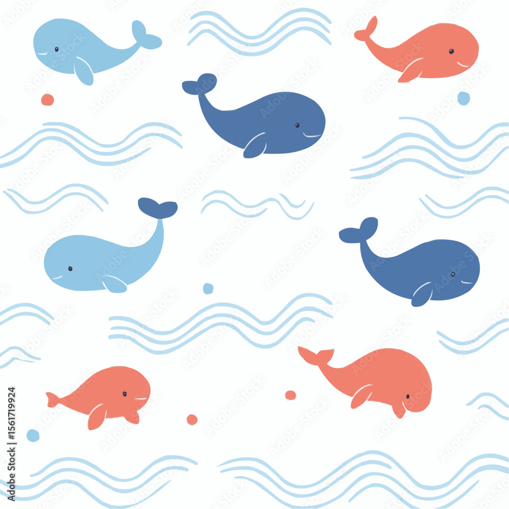 Fototapeta premium Flat illustration of cartoon whales scattered on a white background with light blue zigzag wave lines, using childlike and simplified shapes, perfect for marine-themed decor and children’s products