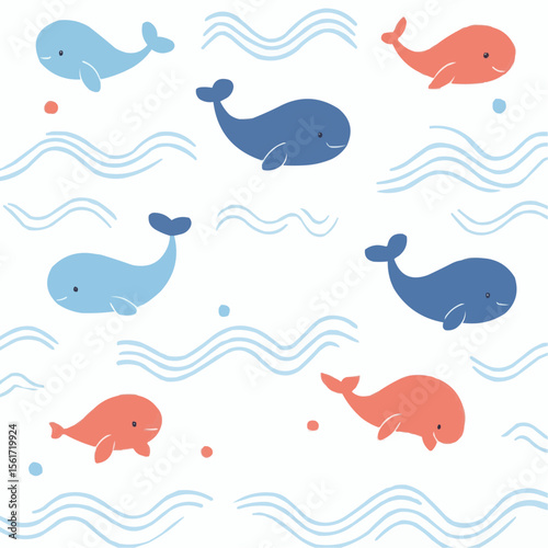 Flat illustration of cartoon whales scattered on a white background with light blue zigzag wave lines, using childlike and simplified shapes, perfect for marine-themed decor and children’s products