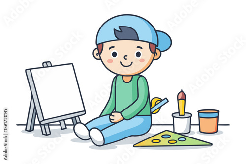 Budding Artist's Canvas: A young artist sits poised, surrounded by tools of the trade, on the cusp of a creative journey, ready to transform the blank canvas into a vibrant masterpiece.
