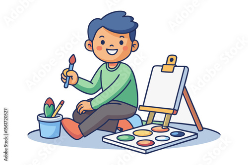 Boy's Artistic Flair: A cheerful boy sits cross-legged, poised with a paintbrush and vibrant palette, ready to unleash his creativity onto a waiting canvas.