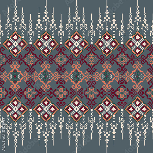 Pixel art ethnic, Pattern fabric pixel, design for background, clothing, decorative, drapery, cloth embroidery, geometric pixel art, handcraft, wallpaper, carpet, bag, card, cushions, Print, ethnic