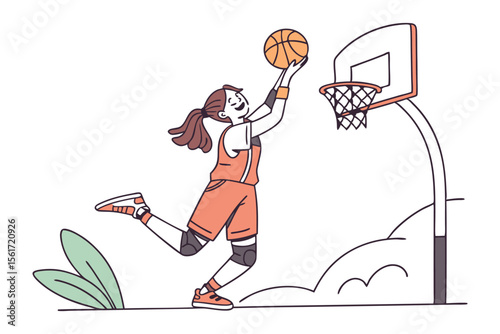 Slam Dunk Dream: Animated Illustration of a female basketball player skillfully executing a jump shot, demonstrating focus and determination in the heat of the game.