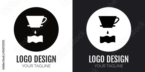 Minimalist logo design featuring a coffee dripper and cup silhouette in monochrome style. Ideal for branding cafes, coffee shops, or barista-themed projects.