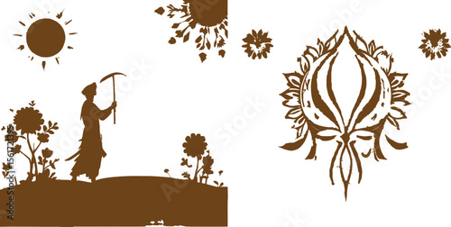Dual-Panel Scene Featuring Floral Reaper and Ornamental Emblem in Silhouette Composition
