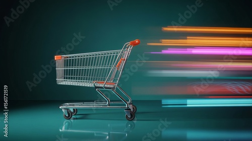 Fast online shopping depicted by a swift moving shopping cart on green background, consumerism concept.