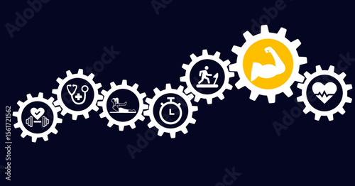 Sports medicine vector illustration. Concept with connected icons related to treatment of sports and exercise injuries, fitness and rehabilitation.