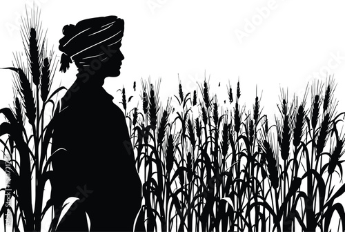 Rural Farming Silhouette Scene Featuring Turbaned Figure Standing in Cornfield