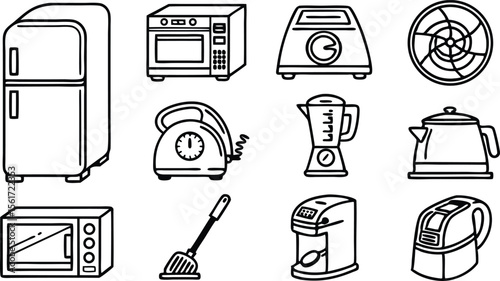 Kitchen appliances graphic showcasing essential tools like microwave and refrigerator for culinary and cooking themes