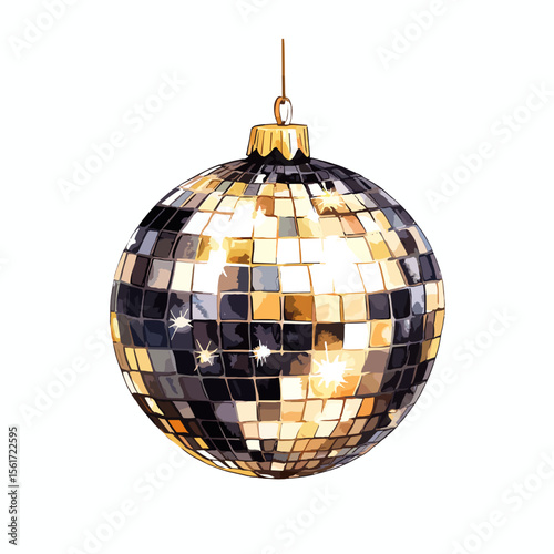 Disco ball decoration hanging with a shiny mirrored surface  