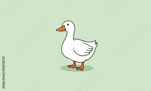Cartoon White Duck with Orange Beak and Feet Standing on Light Green Background, Minimalist Animal Character Illustration