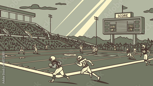 American football game in stadium with players running and scoreboard showing the score of the game