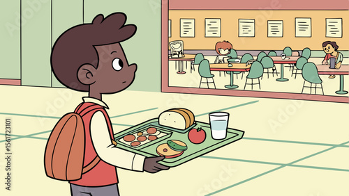 A student holding a lunch tray in a school cafeteria with other students in the background eating food