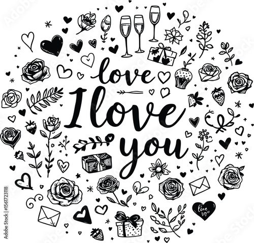 Love Doodle Emblem Featuring Romantic Symbols and Celebration Icons in Circular Silhouette Design