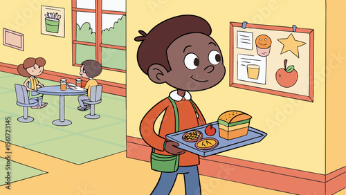 Illustration of a boy holding a lunch tray in a school cafeteria with other students eating nearby
