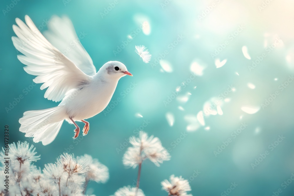 Obraz premium White dove flying over dandelion field carrying hope and peace