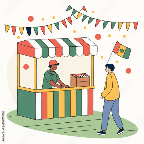 A vendor sells goods from a striped booth to a customer at a festive outdoor event with flags and decorations