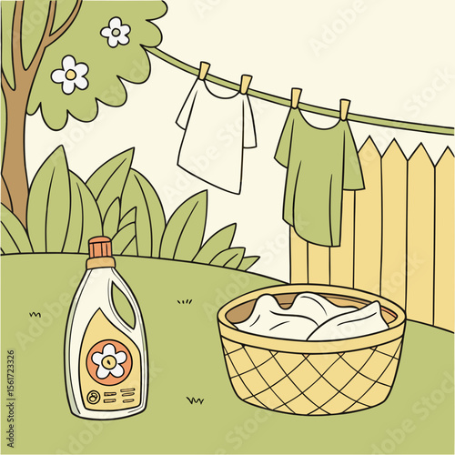 Illustration of laundry detergent, basket with clothes, and clothesline with shirts in a backyard scene