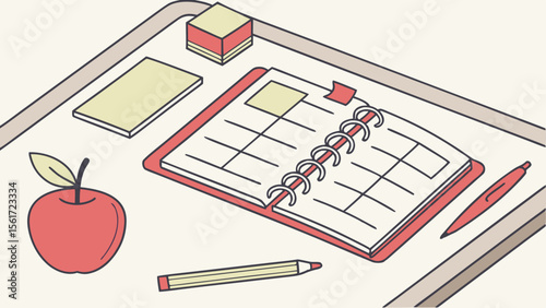 A desk with an open notebook, an apple, a pen, a pencil, and sticky notes, creating a study scene
