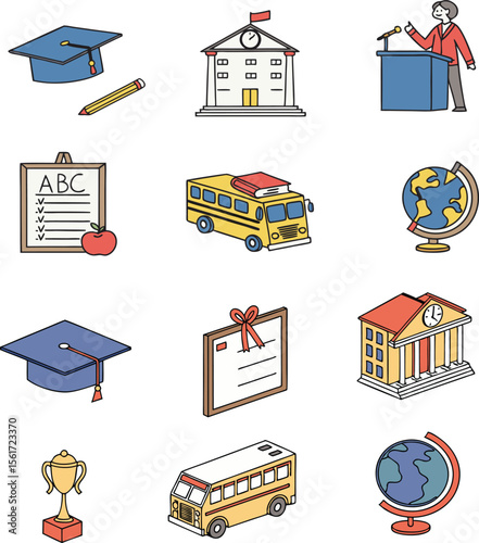 Colorful educational icons showcase graduation cap, schoolhouse, and other scholastic symbols for academic projects.