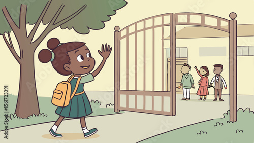 A young girl with backpack waving goodbye to friends at the gate of a school on a sunny day outside