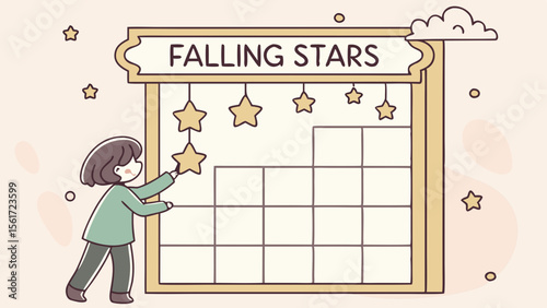 Girl placing stars on a calendar with falling stars sign and cloud decoration in a whimsical illustration