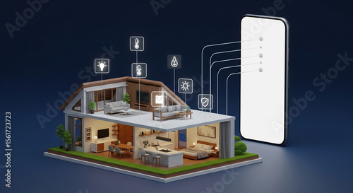 Miniature Smart Home Controlled by a Giant Smartphone, Home Automation and IoT App Mockup Concept