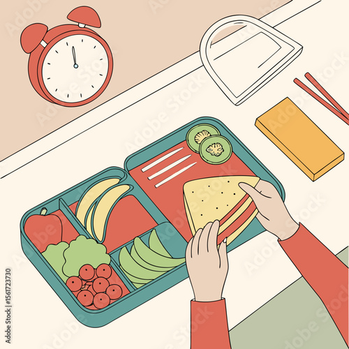 Preparing a healthy lunchbox with fruit sandwich and an alarm clock on the table in the background