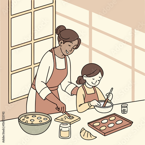 Mother and daughter baking together near a window with baking sheet and ingredients on the table top