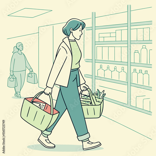 Woman walks with two shopping baskets in a store aisle with another shopper in the background view shelf