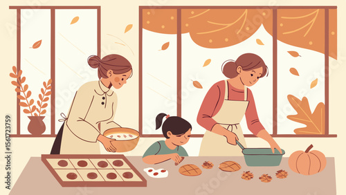 Two women and a child baking cookies in a kitchen with autumn leaves falling outside the window scene is shown