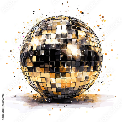 Glittering disco ball reflecting colorful lights on white background  