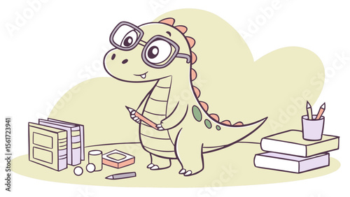 Cartoon dinosaur wearing glasses holding a pencil surrounded by books and art supplies on a desk top