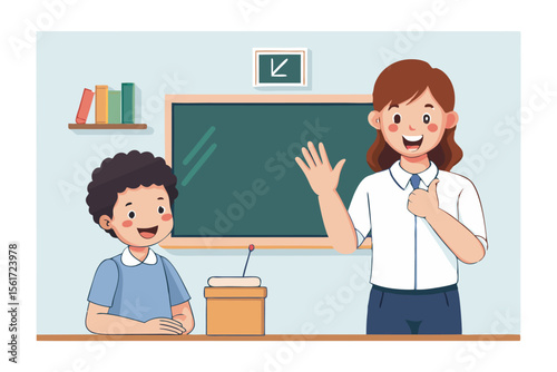 Classroom interaction illustration: A cheerful teacher and student engaged in a moment of learning in a classroom, showcasing a welcoming and engaging educational setting.