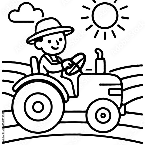 Happy Farmer Driving Tractor in Fields Coloring Page
