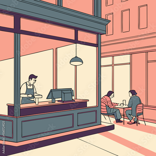 Illustration of a cafe scene with two patrons at a table and a worker behind the counter inside the building