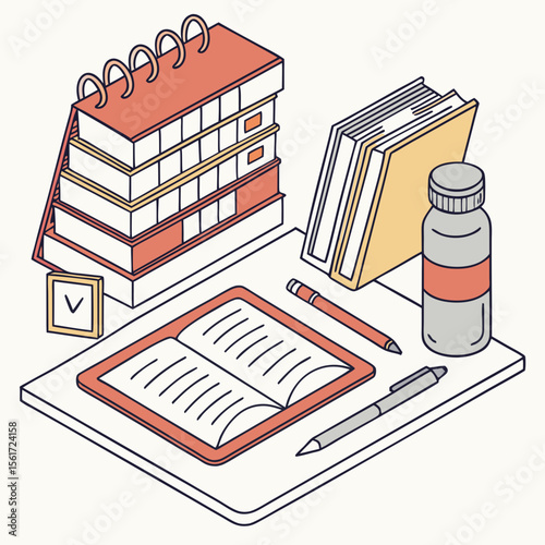 Isometric view of a desk with a calendar, books, open notebook, bottle, and two pens arranged neatly