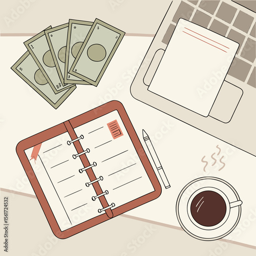 Overhead view of desk with money, laptop, notepad, pen, and coffee cup on a light brown surface