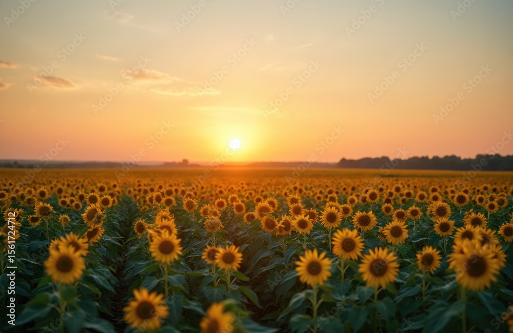 Fototapeta premium Sunflower field at sunset. Beautiful sunflowers with yellow petals, green leaves. Warm sunlight at dusk. Nature landscape, rural scene. Agriculture, farming.
