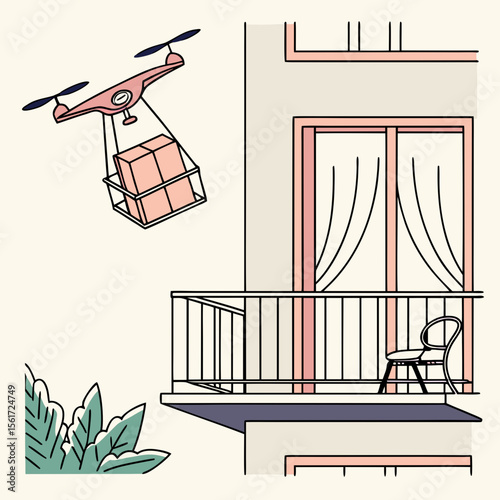 Drone delivering package to balcony with chair and curtains in a stylized illustration style image