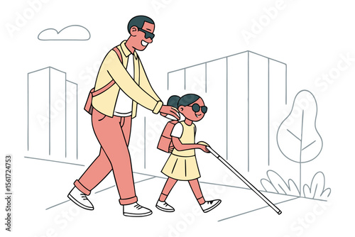 Helping hand for a blind girl: A man helping a blind girl to walk in a street.
