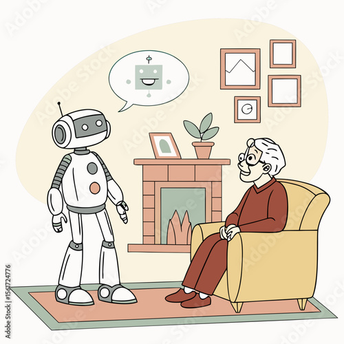 Illustration of a robot standing next to an elderly man sitting in a chair in a living room setting