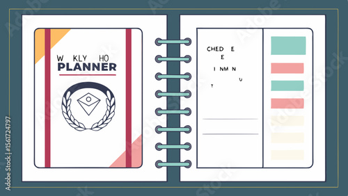 Illustration of an opened weekly planner with a logo and a checked in minutes section visible