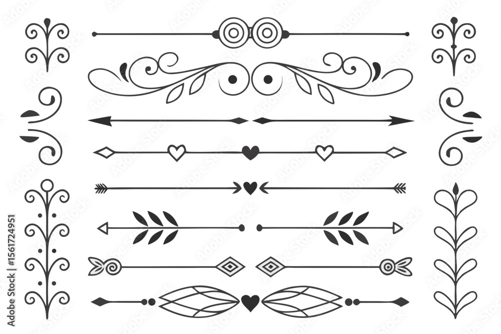 Fototapeta premium Ornamental Hand-Drawn Dividers with Arrows, Swirls, and Floral Elements in Elegant Black Vector. Vintage Borders for Layout Design and Creative Invitations.