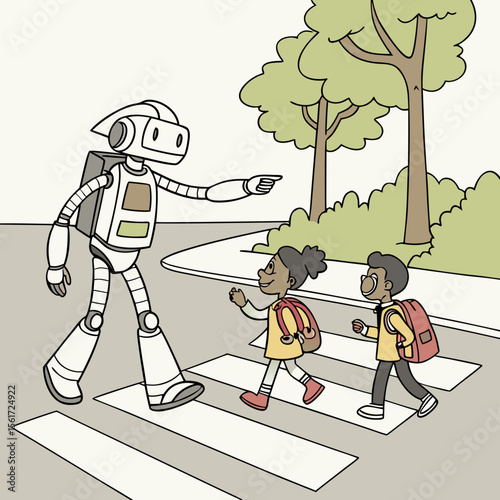 Robot assisting children crossing street at crosswalk near trees and bushes in cartoon illustration