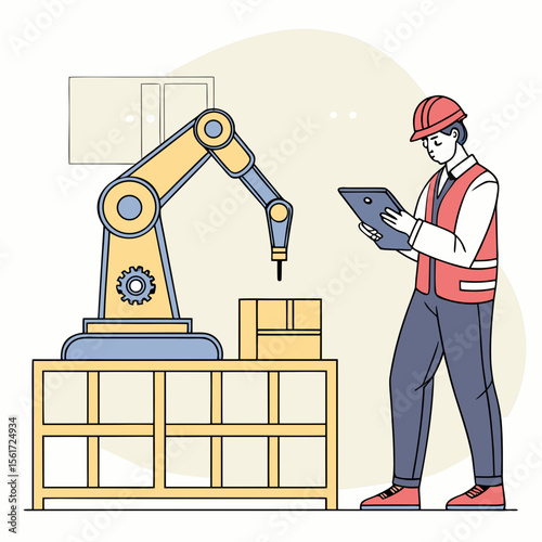 Engineer overseeing robotic arm placing boxes on a shelf while using a tablet in a factory setting