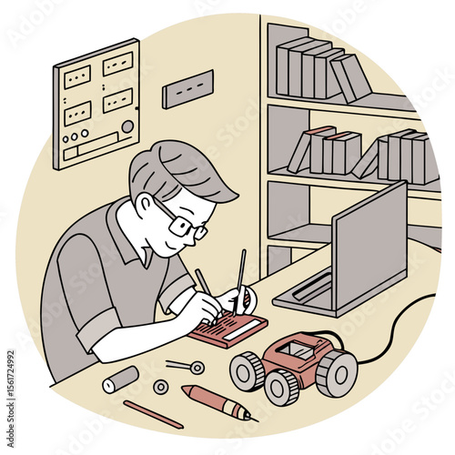 Illustration of a person working on a robot car project at a desk with a laptop and bookshelf behind