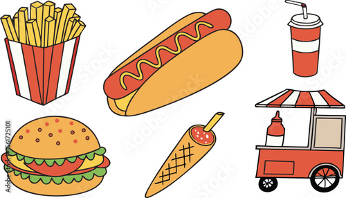 Delightful food set including a hamburger, hotdog, french fries, drink, cart and corn dog, perfect for restaurants or food brands.