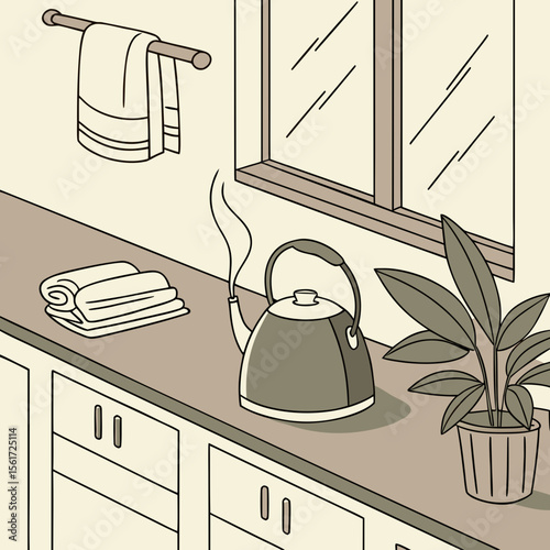 A kitchen scene featuring a kettle with steam, towels, a potted plant, and a window on a neutral background