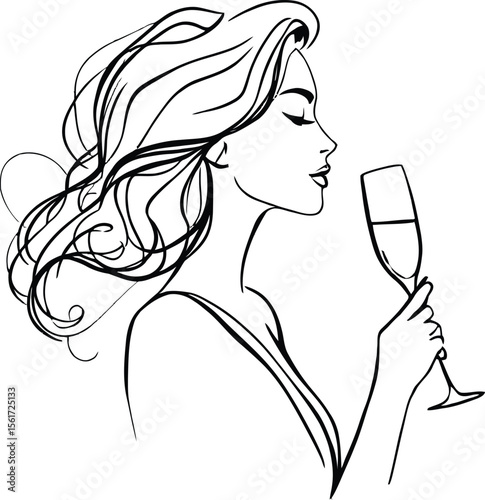 Elegant Wine Tasting Silhouette Featuring Woman with Flowing Hair in Profile Pose