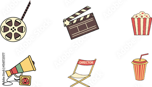 Charming icons depict the magic of filmmaking, perfect for representing cinema, movie production, and theatrical arts experiences.